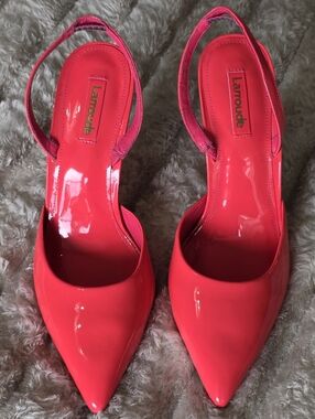 Larroude Bright Pink Pointed Slingback Pumps With Abstract Heel